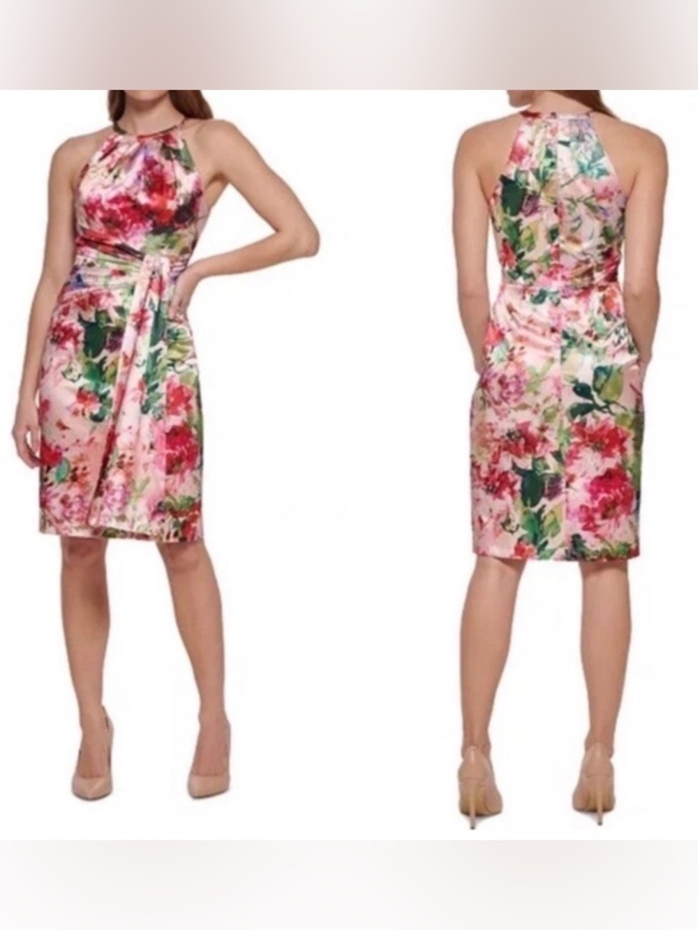 Eliza J Floral Halter Satin-feel Dress in Pink, Green and Red Sz 6 Ruched Sash